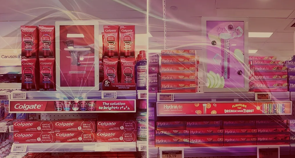 REXIMO shelf-edge screens and electronic shelf labels above retail shelves in store.