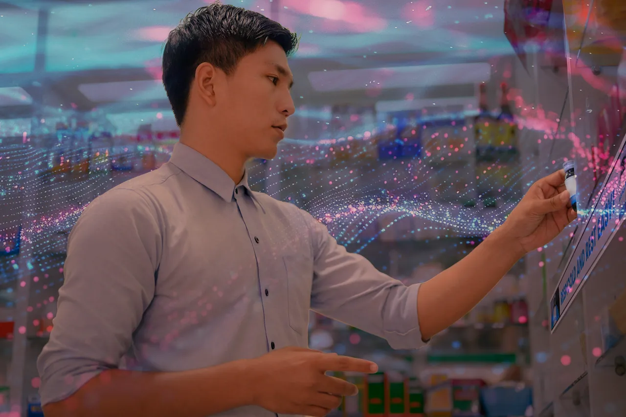 A shopper interacting with an in-store digital screen surrounded by flowing content.